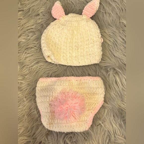 Adorable White and Pink Crochet Baby Hat & Diaper Cover Easter Bunny photo prop - Picture 5 of 6